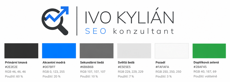 AI návrh loga Ivo Kylián s modrou šipkou a šesti barevnými vzorky, doplněnými zápisy HEX, RGB a poměry použití