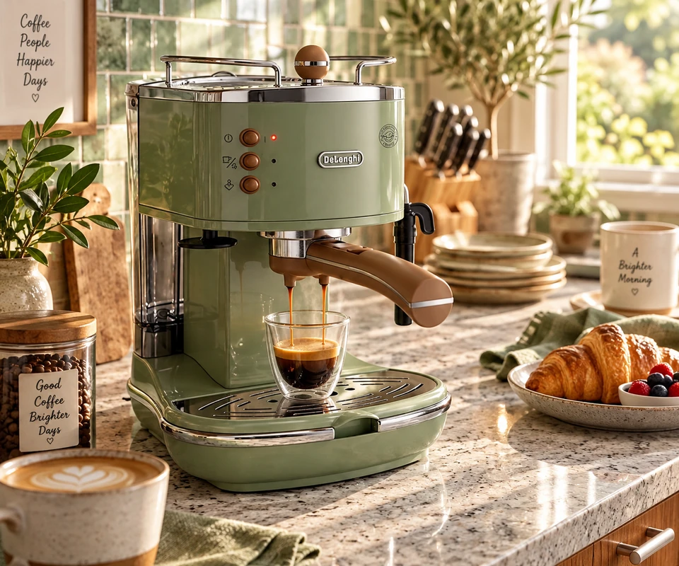 AI scéna zeleného kávovaru připravujícího espresso do skleněného šálku na kuchyňské lince, s croissanty, kávou a rostlinami