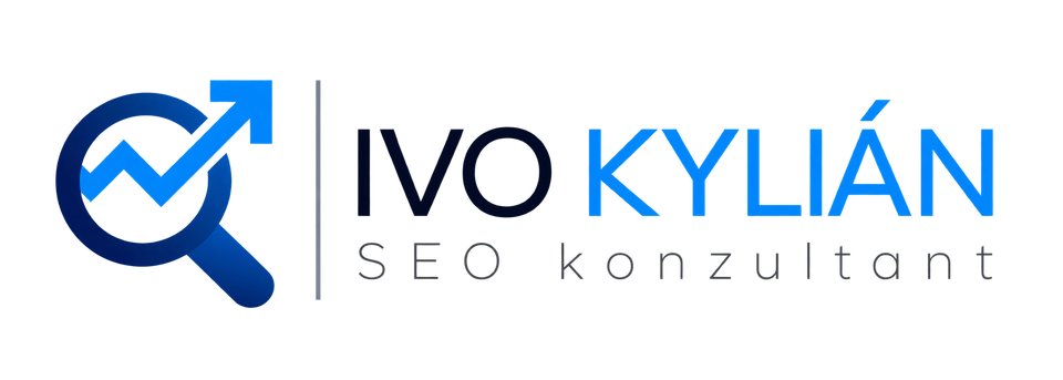 AI návrh modernizovaného loga Ivo Kylián s modrou lupou a šipkou, výraznějším nápisem KYLIÁN a doplňujícím textem SEO konzultant na průhledném pozadí