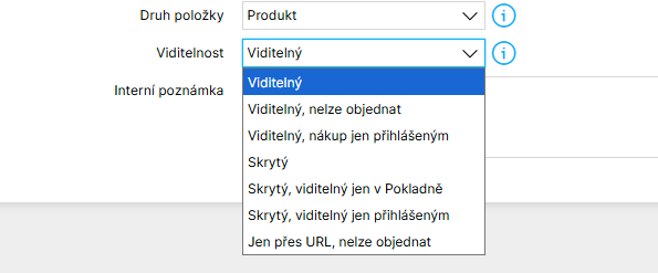 Rozbalené pole Viditelnost v administraci Shoptetu se všemi sedmi režimy produktu
